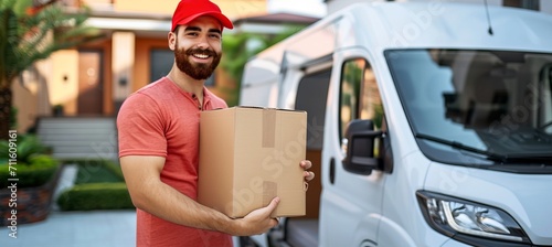 Friendly delivery courier man in red cap delivering package to customer s home with van truck photo