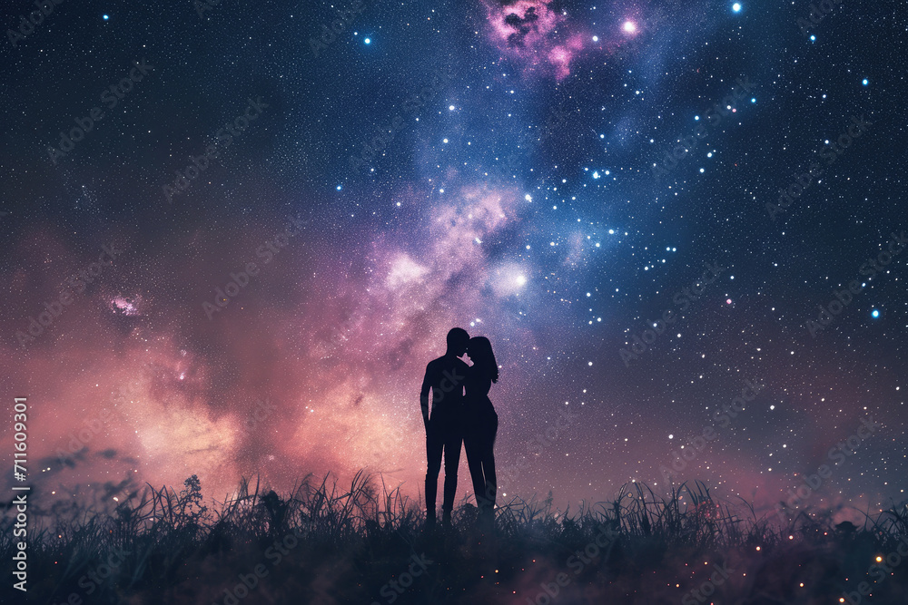 a couple cuddling on beautiful space sky background