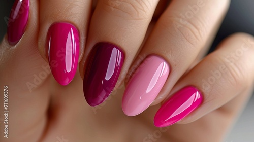 Elegant woman s hand with deep berry and plum nail polish, gel manicure at a luxury beauty salon photo