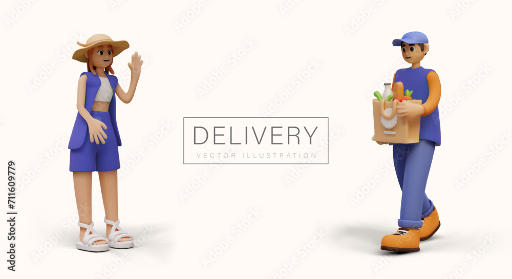 Young courier holding paper bag with different products and carrying it to pretty female. Concept of fast delivery from supermarket. Vector illustration in 3d style Young courier holding paper bag with different products and carrying it to pretty female. Concept of fast delivery from supermarket. Vector illustration in 3d style