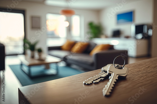 Interior of new house, apartment or hotel room with keys on the table. Mortgage, investment, rent, real estate, property concept photo