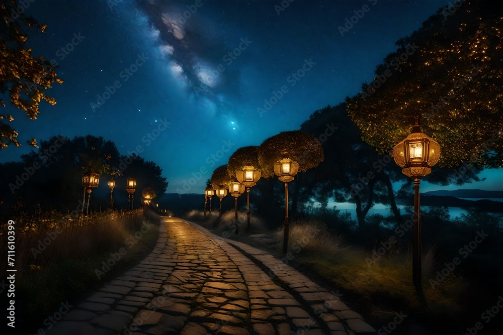 Write a descriptive piece capturing the enchanting ambiance of a pathway illuminated by golden lanterns and stars against a celestial blue backdrop.