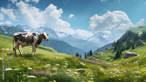 spotted cow grazes in an alpine meadow