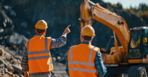 Hispanic Female Inspector Talking to Caucasian Male Land Development Manager With Tablet On Construction Site Of Real Estate Project. Excavators Preparing For Laying Foundation. Hot Sunny Day