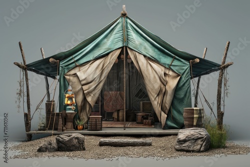 realistic 3D model of a large tent on a wooden platform © Supardi