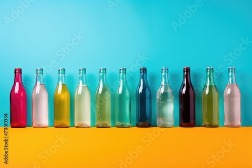 A row of glass bottles on coloured background.