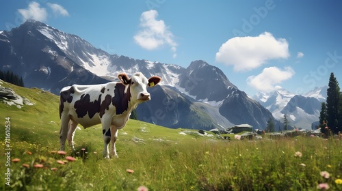 spotted cow grazes in an alpine meadow