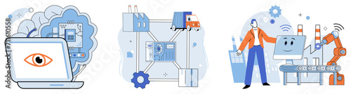 Industry 4 vector illustration. In metaverse business, decisions echo through network innovative solutions The digitization dance in industry 4 concept transforms business into connected symphony