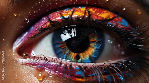 macro shot beautiful female eye with colorful holi, fashion make-up, banner, poster