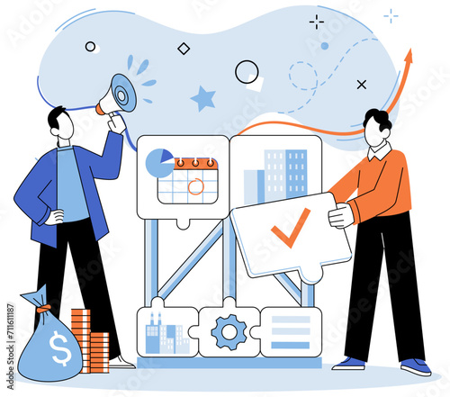 Partnership. Vector illustration. Partners work together to find mutually beneficial solutions Productive meetings foster open communication within teams Effective management fosters successful