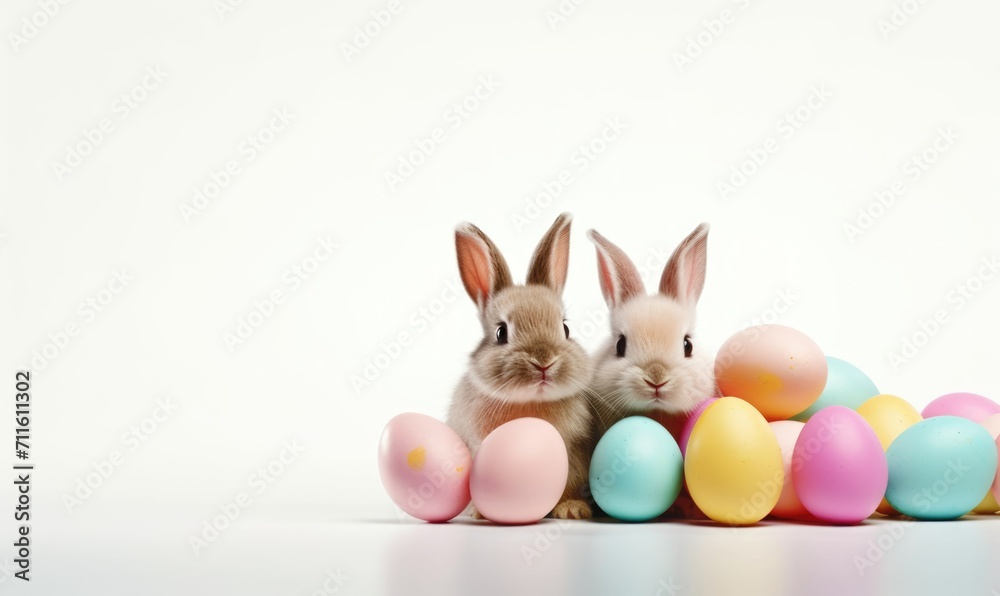 Happy Easter Bunny with many colorful easter eggs Happy Easter Bunny with many colorful easter eggs