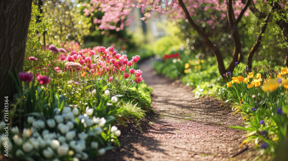 Summer backyard with vibrant wildflowers and warm sunlight with copy space