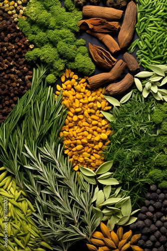 Fresh herbs and spices close up view.