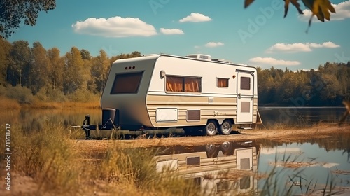 Trailer of mobile home, or recreational vehicle standing on the shore of a pond. Camping in the nature, and family travel concept