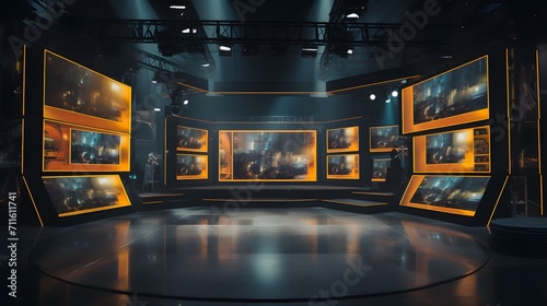 TV studio set in preparation. Large scale monitors. photo