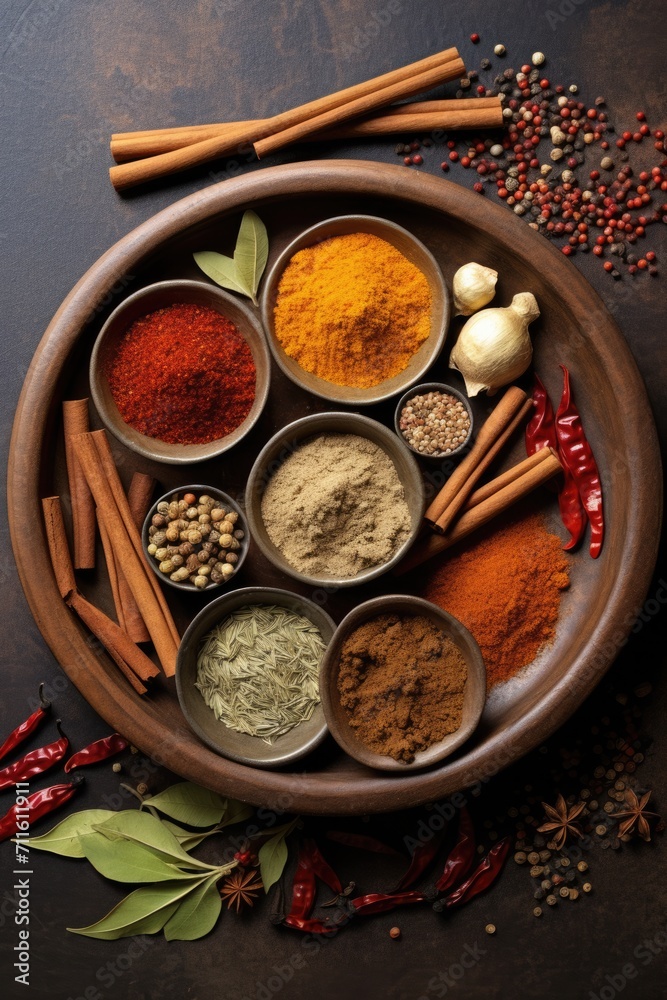 Dried herbs and spices in plate close up view. Dried herbs and spices in plate close up view.