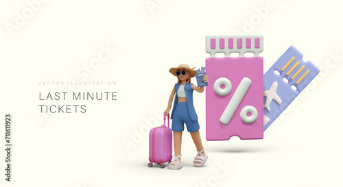 Female 3D smiling character holding airplane tickets with passport. Concept of last minute tickets. Travel discounts. Low cost tourism. Vacation at reduced price. Profitable offer