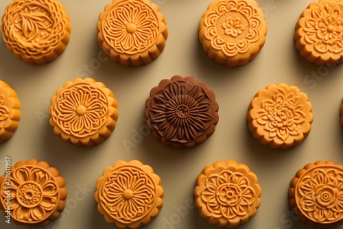 Overhead view mooncake pattern on coloured background. photo