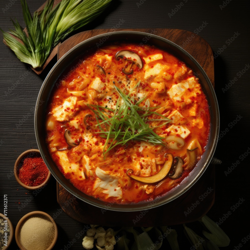 Korean food Sundufu in bowl overhead view.