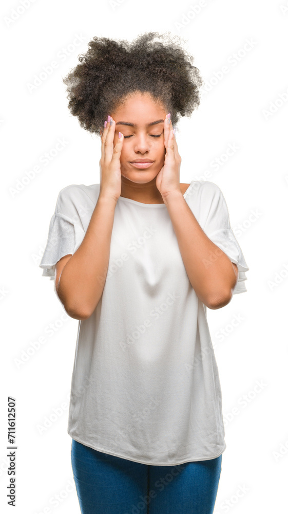 Young afro american woman over isolated background with hand on head for pain in head because stress. Suffering migraine. Young afro american woman over isolated background with hand on head for pain in head because stress. Suffering migraine.