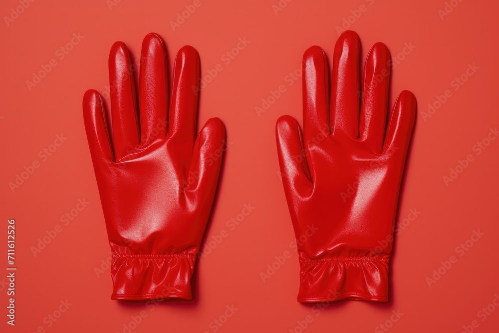 Fototapeta premium One pair red leather gloves on red background.