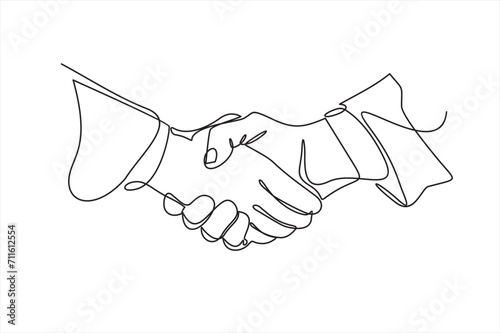 Continuous line drawing of handshake. Handshaking of business partners drawn by one single line. Vector illustration.