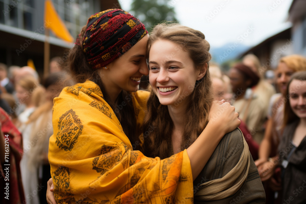 Cultural exchange People in traditional garments exchanging greetings