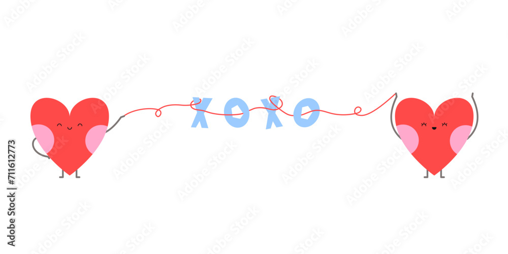 Love couple of heart characters holding red thread with xoxo sign lettering in a flat cartoon style. Valentine's day sticker illustration design