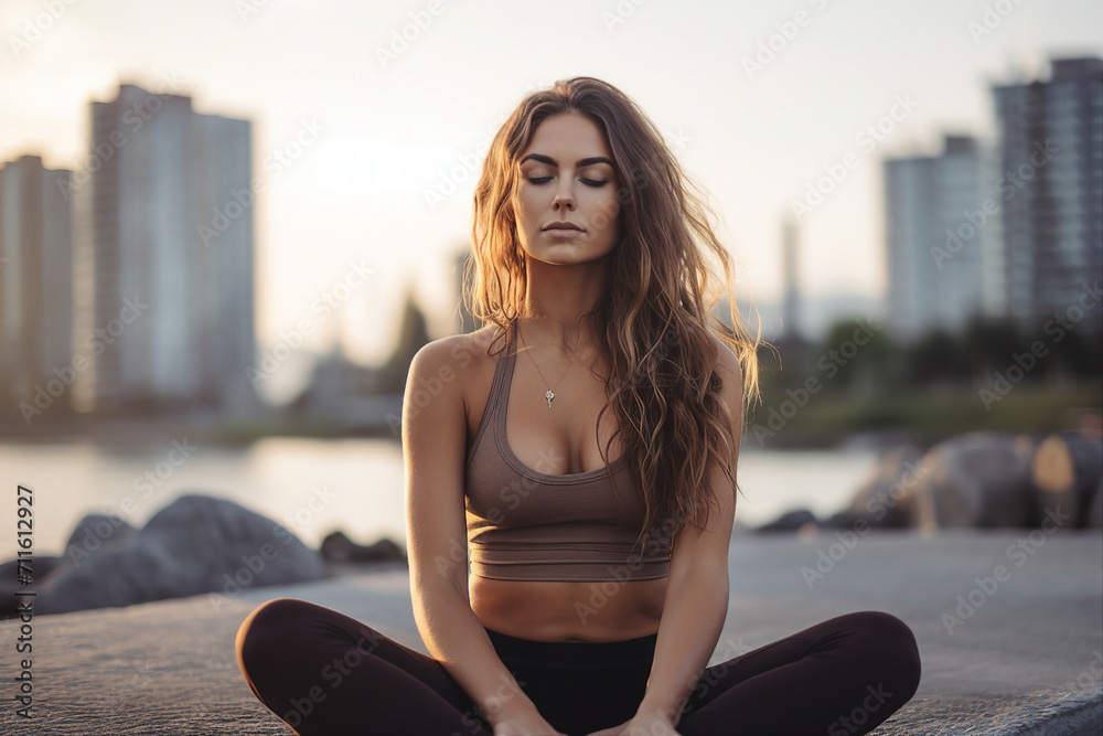 AI generated picture of beautiful happy relaxed girl on morning yoga meditation indoors AI generated picture of beautiful happy relaxed girl on morning yoga meditation indoors