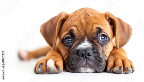 Feature the playful and lovable demeanor of a Boxer puppy in a heartwarming pose against a clean white background, Boxer puppy dog on white background.