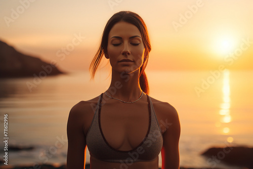 AI generated picture of beautiful happy relaxed girl on morning yoga meditation outdoors