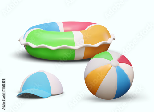 Accessories for safe children rest on beach. 3D sun protection baseball cap, inflatable ring, light colored ball. Vector bright composition for web design