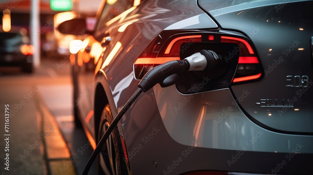 Car at a charging station. Electric car charging. Closeup photo of electric vehicle charging.