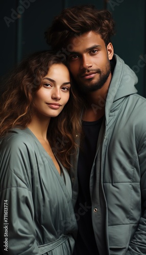 Stylish multiracial couple. Cute couple standing together. Young stylish couple hugging.