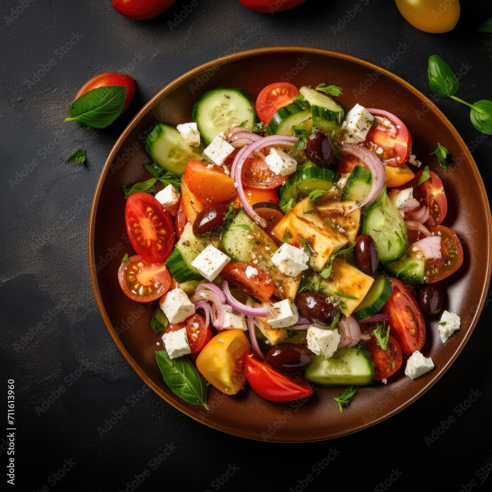 Greek salad in bowl on moody table top.
