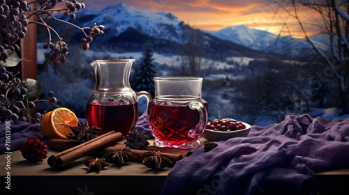 Mulled wine in winter season, in the style of dark cyan and light crimson, photo-realistic landscapes, violet and crimson, dark orange and light gray, wimmelbilder, outdoor scenes, zen-inspired