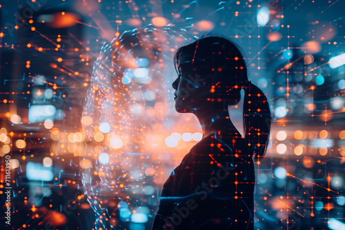 Silhouette of woman with digital brain and cityscape overlay