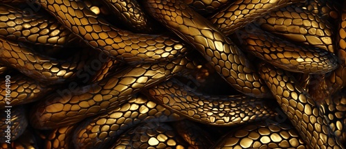 Golden metal texture of dragon or snake scales. Top view of golden snake scales for wallpaper.