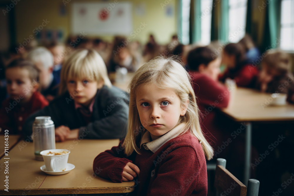 Generative AI image of cute adorable pupil eating lunch at school canteen Generative AI image of cute adorable pupil eating lunch at school canteen
