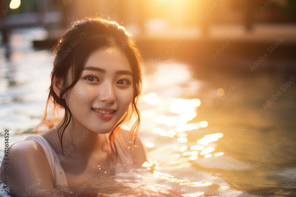 AI generated image of beautiful woman enjoying spa relaxation in pool