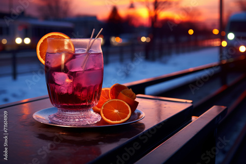 Mulled wine in winter season, in the style of dark cyan and light crimson, photo-realistic landscapes, violet and crimson, dark orange and light gray, wimmelbilder, outdoor scenes, zen-inspired

 photo