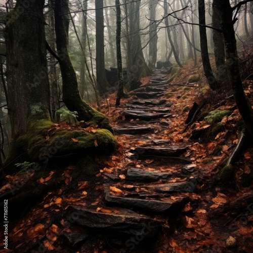 An ancient stone stairway in the foggy woods.