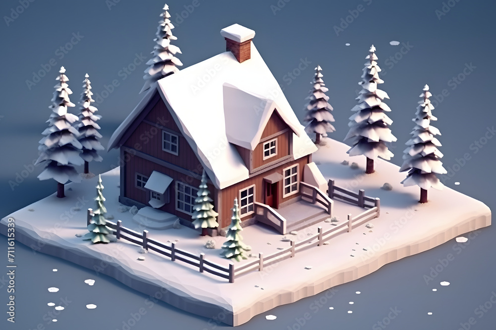 3d rendering isometric style cabin in the forest