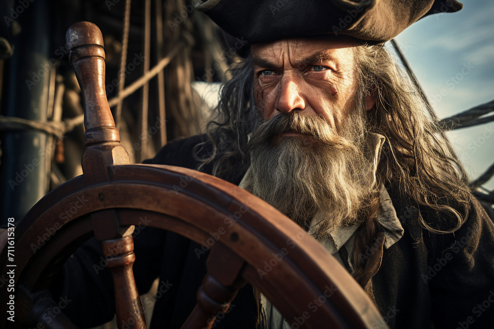 Generative AI image of bearded pirate man traveling island on boat in the sea Generative AI image of bearded pirate man traveling island on boat in the sea