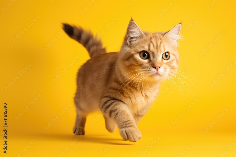 Obraz premium One walking tabby kitten on yellow background.
