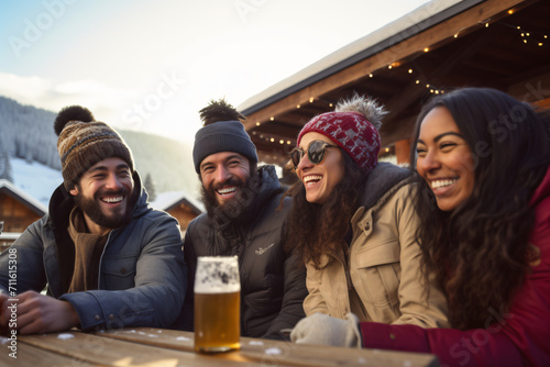 Friends drinking beer on the road in winter, in the style of afro-colombian themes, whistlerian, wimmelbilder, rtx on, soft-focus portraits, cabincore, happenings

 photo