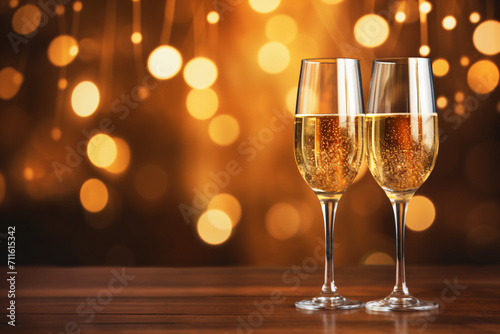 Glasses of champagne and a sparkler in the background, large canvas format, wimmelbilder, light orange and light gold, composed, traditional