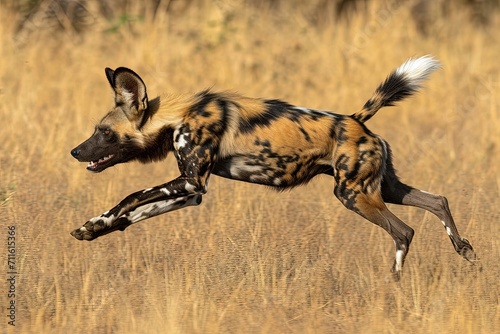 African Wild Dog Running In Savana