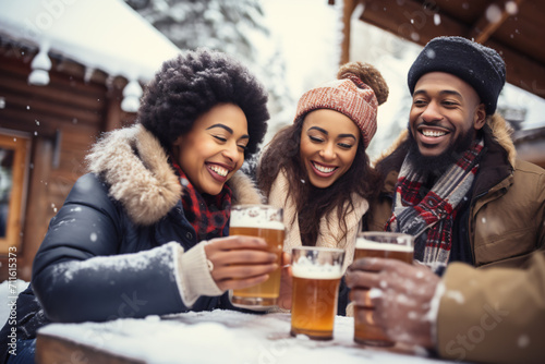 Friends drinking beer on the road in winter, in the style of afro-colombian themes, whistlerian, wimmelbilder, rtx on, soft-focus portraits, cabincore, happenings

 photo