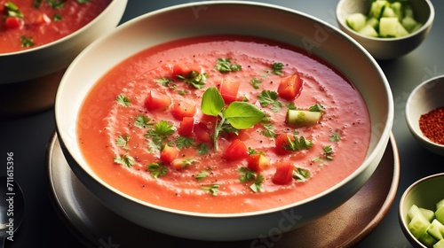 Light and refreshing gazpacho soup with bright red tomatoes, crisp cucumbers, and of olive oil.